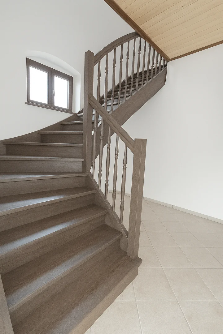 Klassische gebeizte Wangentreppe aus Esche mit Handlauf Klassische gebeizte Wangentreppe aus Esche mit Handlauf